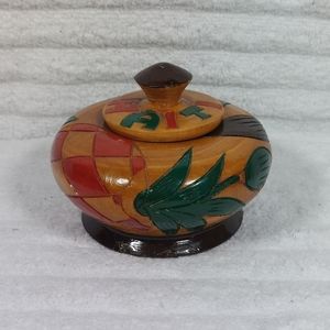 Haiti Trinket Box Hand Crafted Painted Wood Jar Fish Fruit Carved With Lid